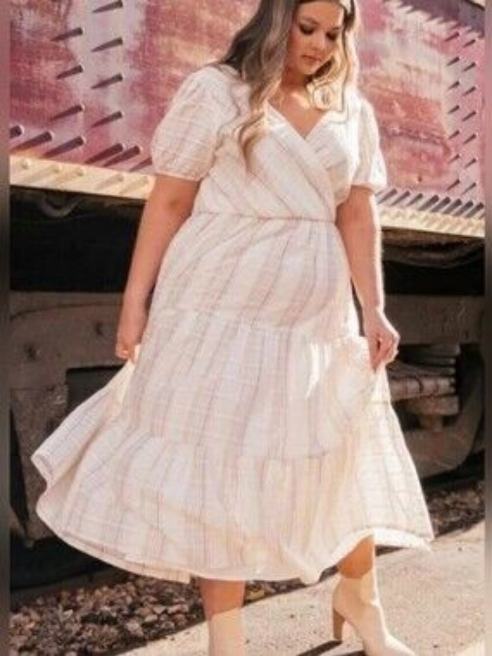 Jessakae Destination Plaid Tiered Puff Sleeve Cottagecore Midi Dress Size M